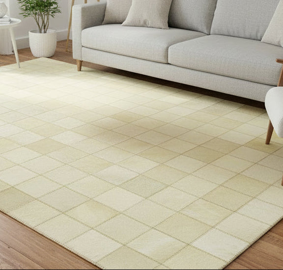 Emmey Leather Handmade Beige Checkerboard Rug | Modern Checkered Patchwork Area Rug   7864583356565