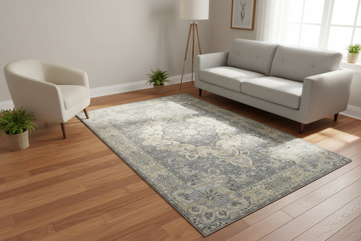 Enkay Vintage Style Medallion Slate Blue Persian Style  Mosern Oriental Area Rug   9122602090645