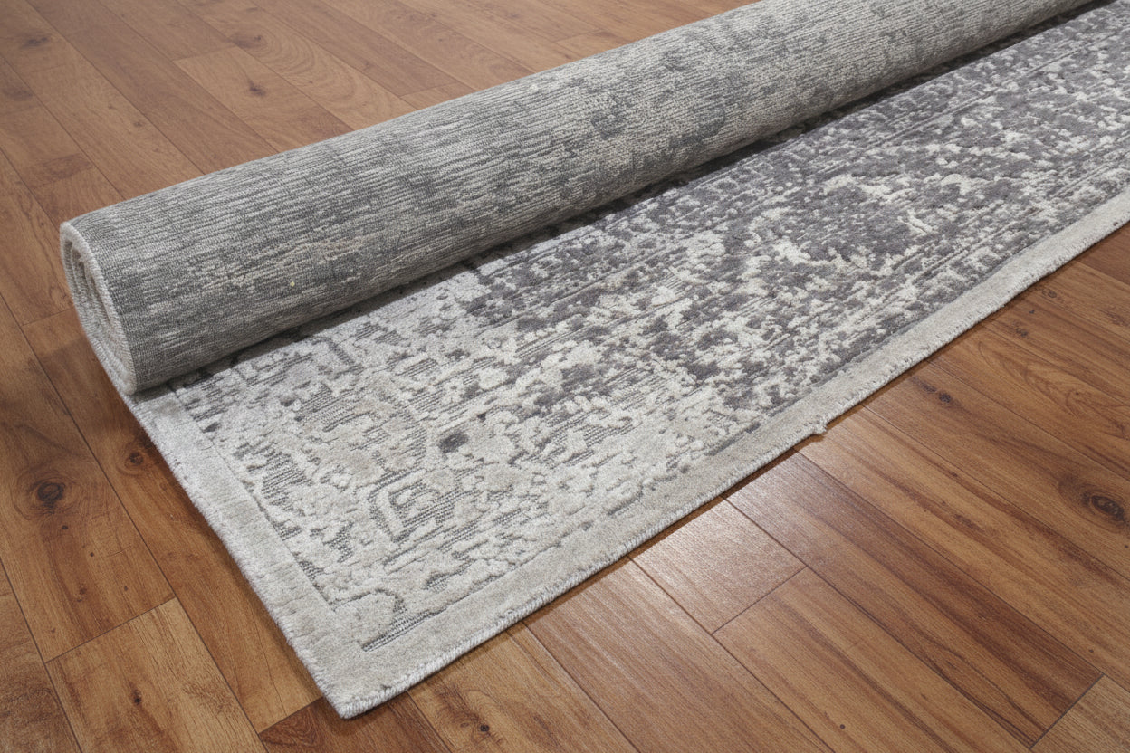 Eroded Floral Loom Knotted Charcoal Gray Area Rug - Vintage Revival Distressed Style Rug   9176264310933