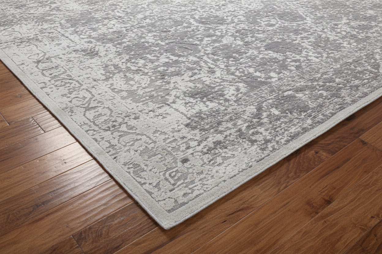 Eroded Floral Loom Knotted Charcoal Gray Area Rug - Vintage Revival Distressed Style Rug   9176264310933