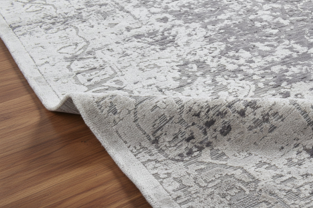 Eroded Floral Loom Knotted Charcoal Gray Area Rug - Vintage Revival Distressed Style Rug   9176264310933