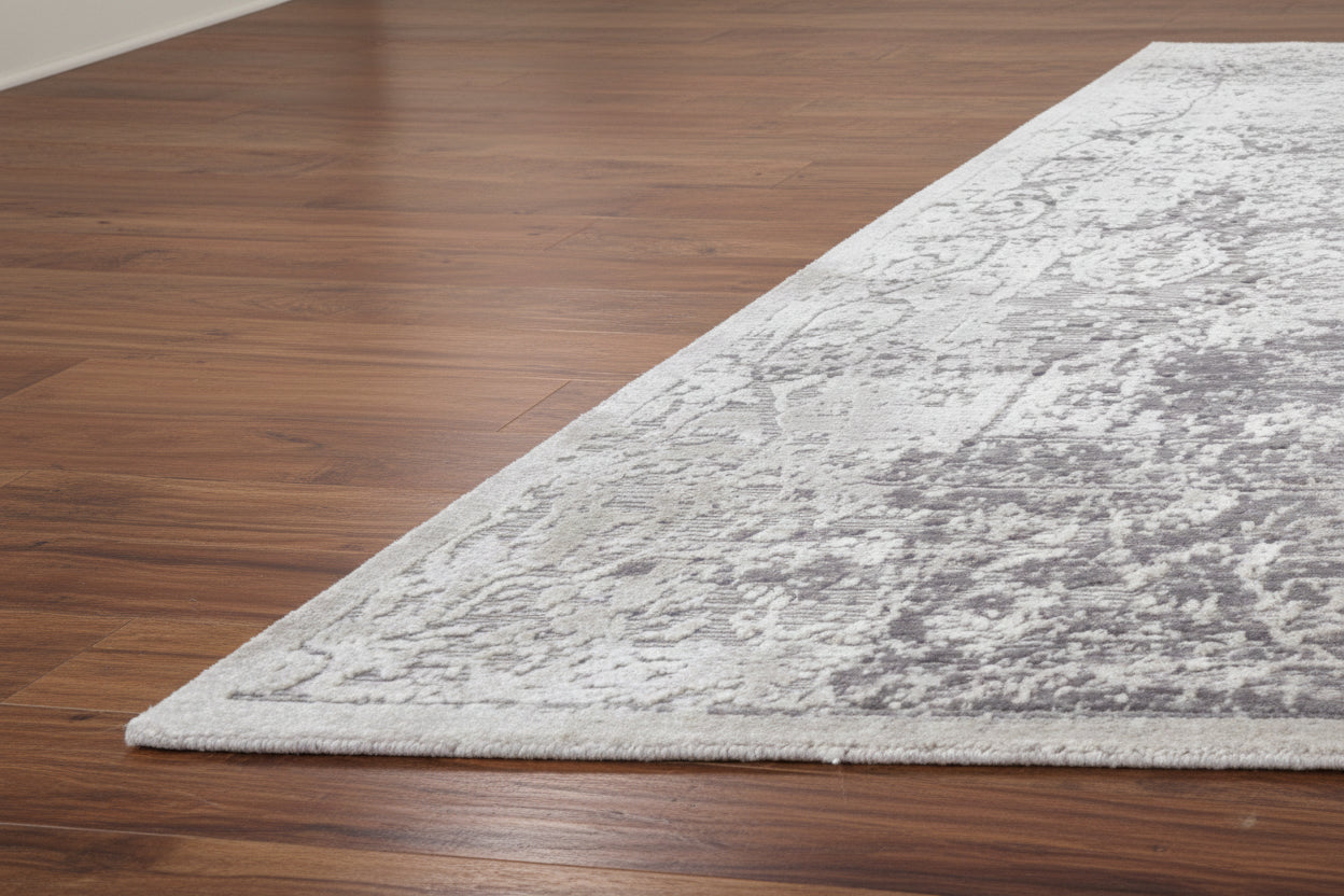 Eroded Floral Loom Knotted Charcoal Gray Area Rug - Vintage Revival Distressed Style Rug   9176264310933