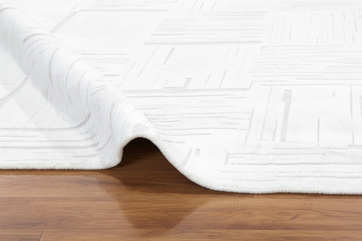 Etched Grid Handmade Ivory Off-White Plaids Area Rug – Modern Geometric Loom Knotted Wool Silk Rug   9175590666389
