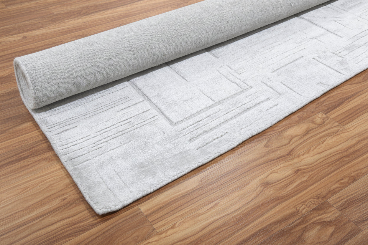 Etched Grid Handmade Silver Plaids Area Rug – Modern Geometric Loom Knotted Wool Silk Rug   9175575265429