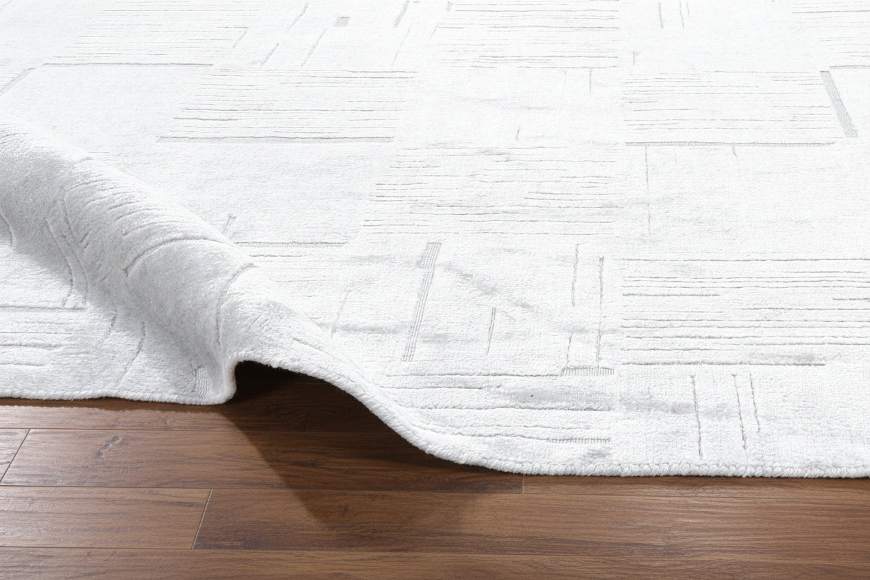 Etched Grid Handmade Silver Plaids Area Rug – Modern Geometric Loom Knotted Wool Silk Rug   9175575265429