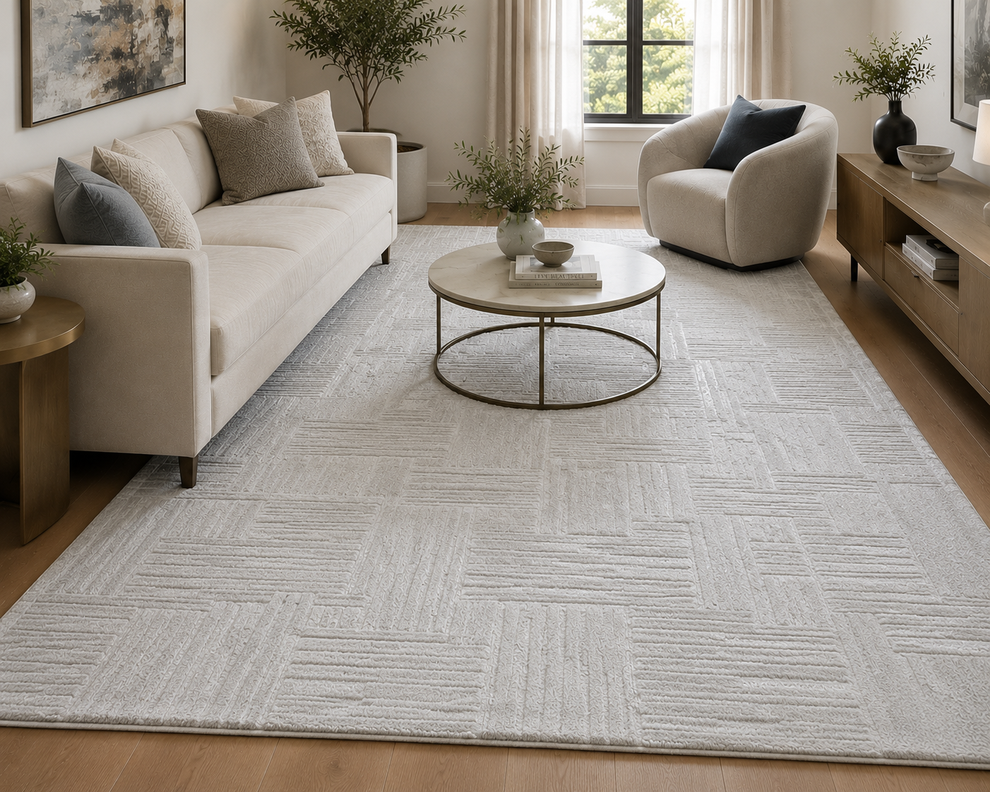 Etched Grid Handmade Silver Plaids Area Rug – Modern Geometric Loom Knotted Wool Silk Rug   9175575265429