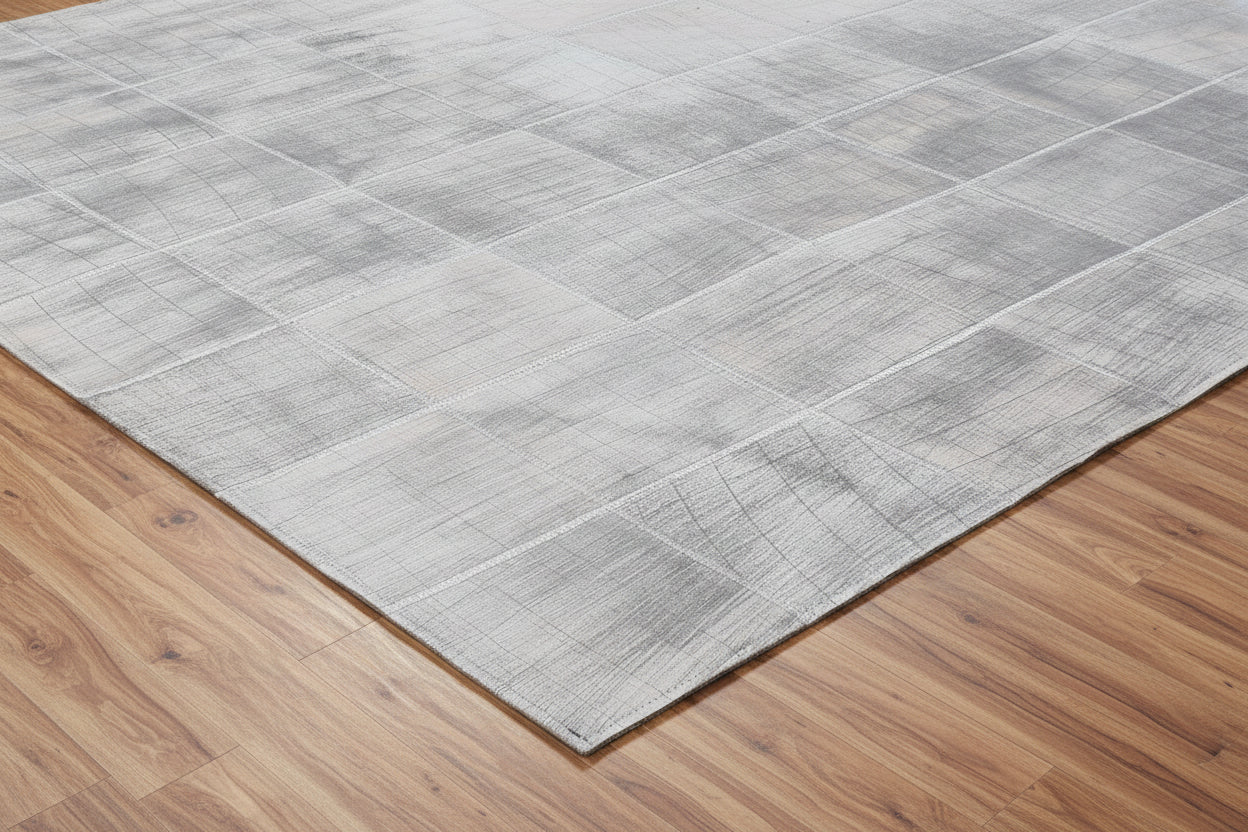 Ettie Leather Handmade Gray Border Rug | Modern Patchwork Cowhide Area Rug   9057517928597