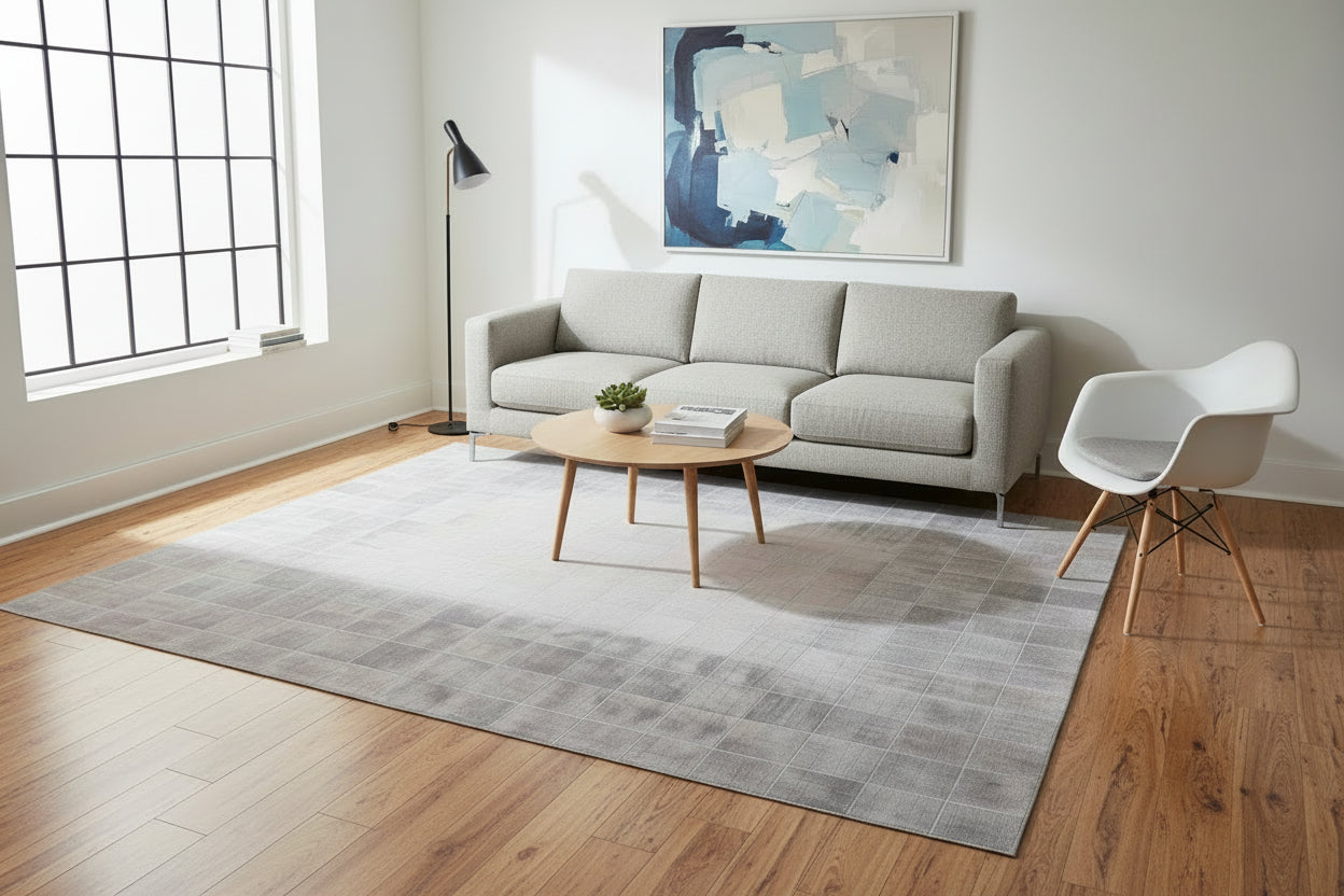 Ettie Leather Handmade Gray Border Rug | Modern Patchwork Cowhide Area Rug   9057517928597