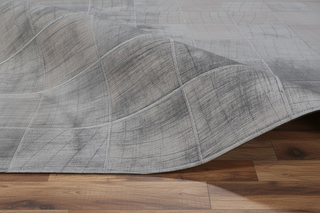 Ettie Leather Handmade Gray Border Rug | Modern Patchwork Cowhide Area Rug   9057517928597