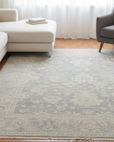 Everly Hand-Knotted Oushak Persian Style Rug – Muted Slate Gray & Beige Floral Area Rug   9193489760405