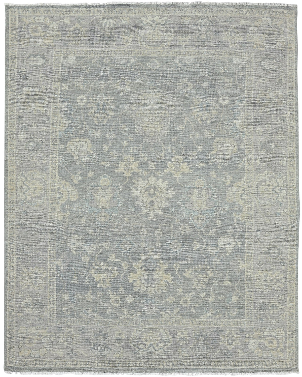 Everly Hand-Knotted Oushak Persian Style Rug – Muted Slate Gray & Beige Floral Area Rug   9193489760405