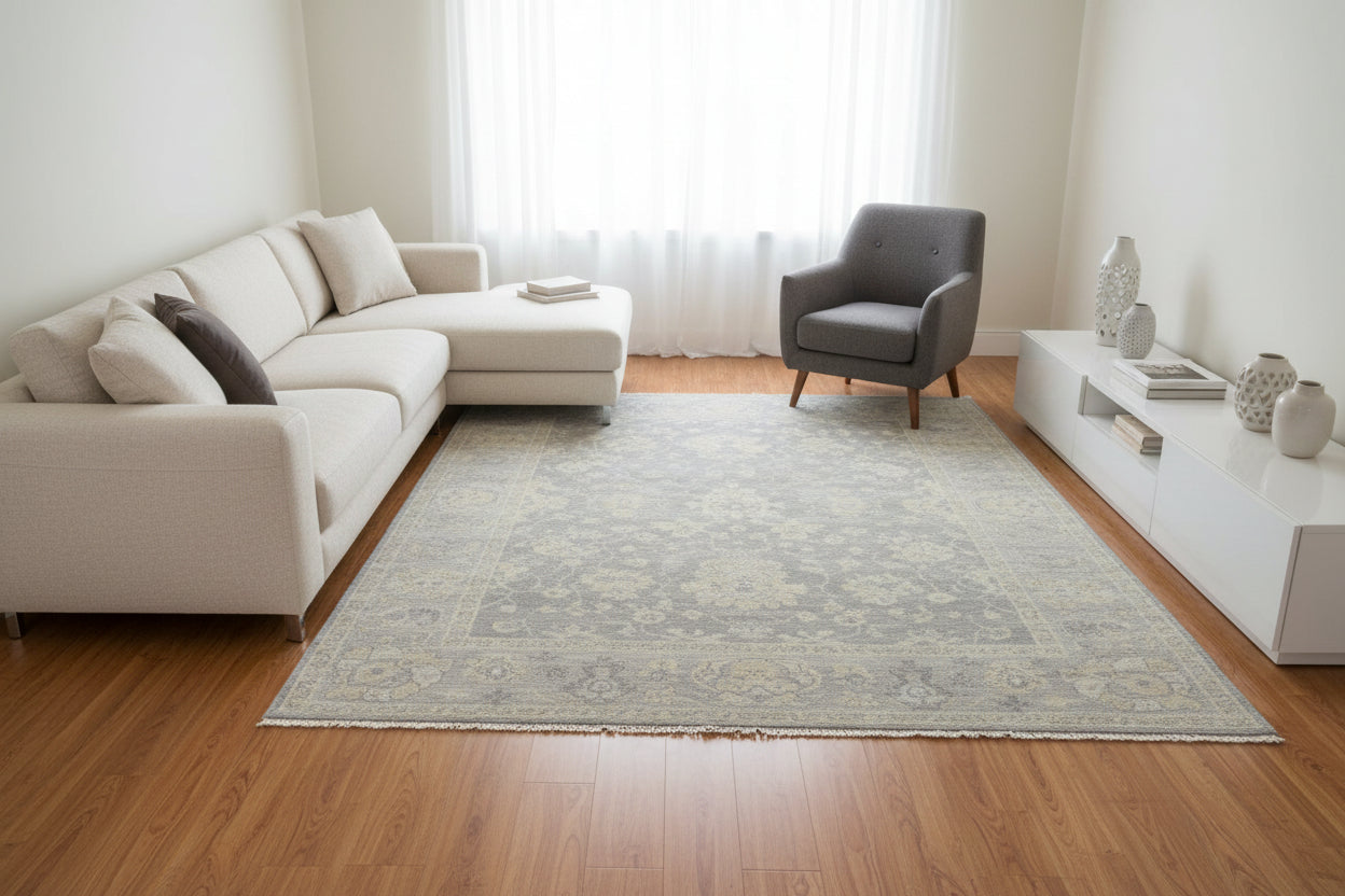 Everly Hand-Knotted Oushak Persian Style Rug – Muted Slate Gray & Beige Floral Area Rug   9193489760405