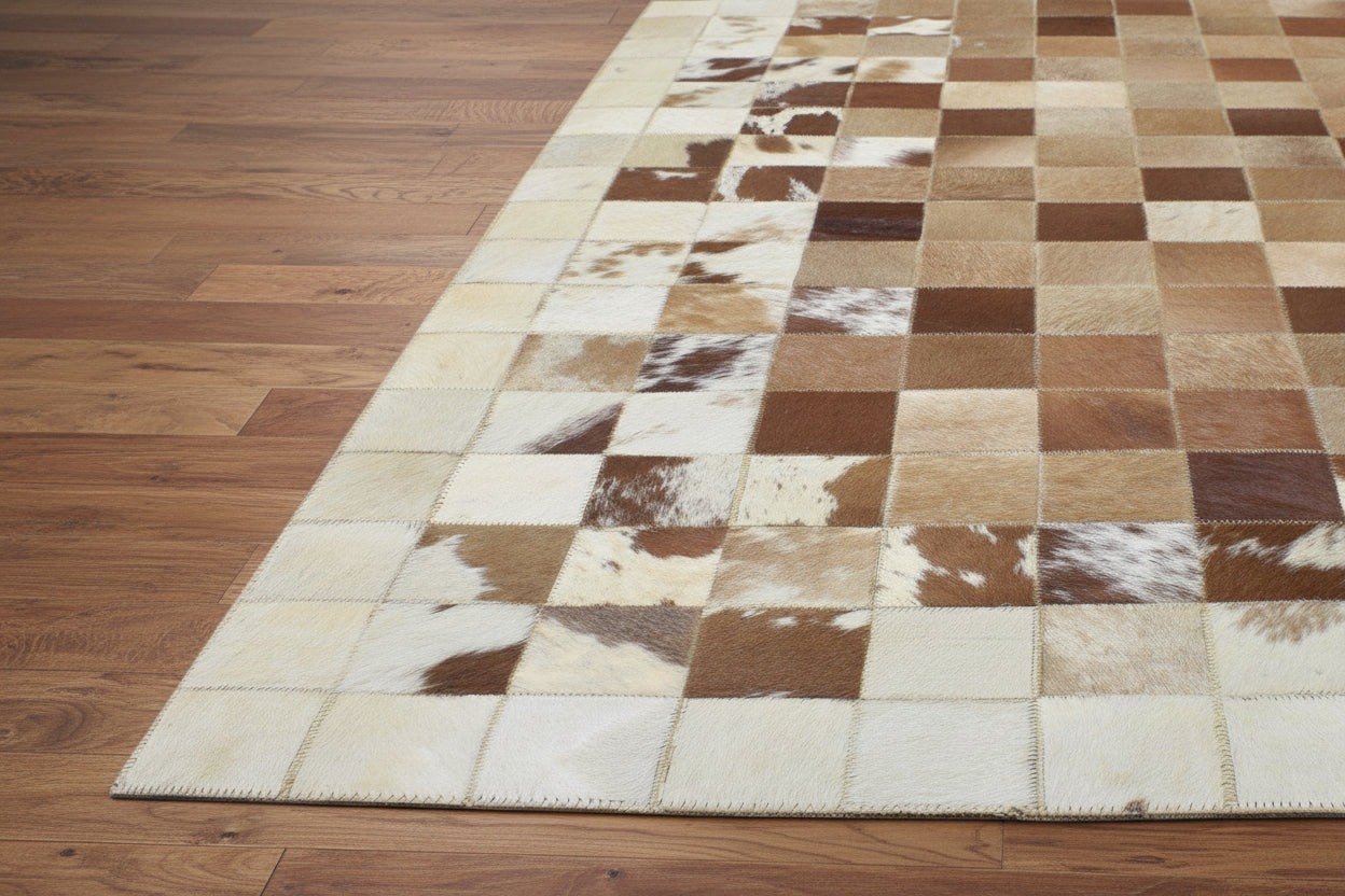 Evie Handmade Leather Brown Checkerboard Rug | Modern Patchwork Checkered Border Rug   7864582406293