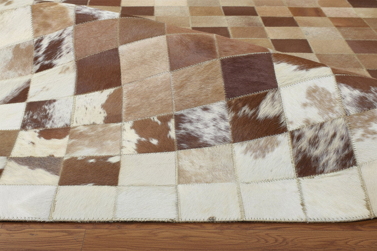 Evie Handmade Leather Brown Checkerboard Rug | Modern Patchwork Checkered Border Rug   7864582406293