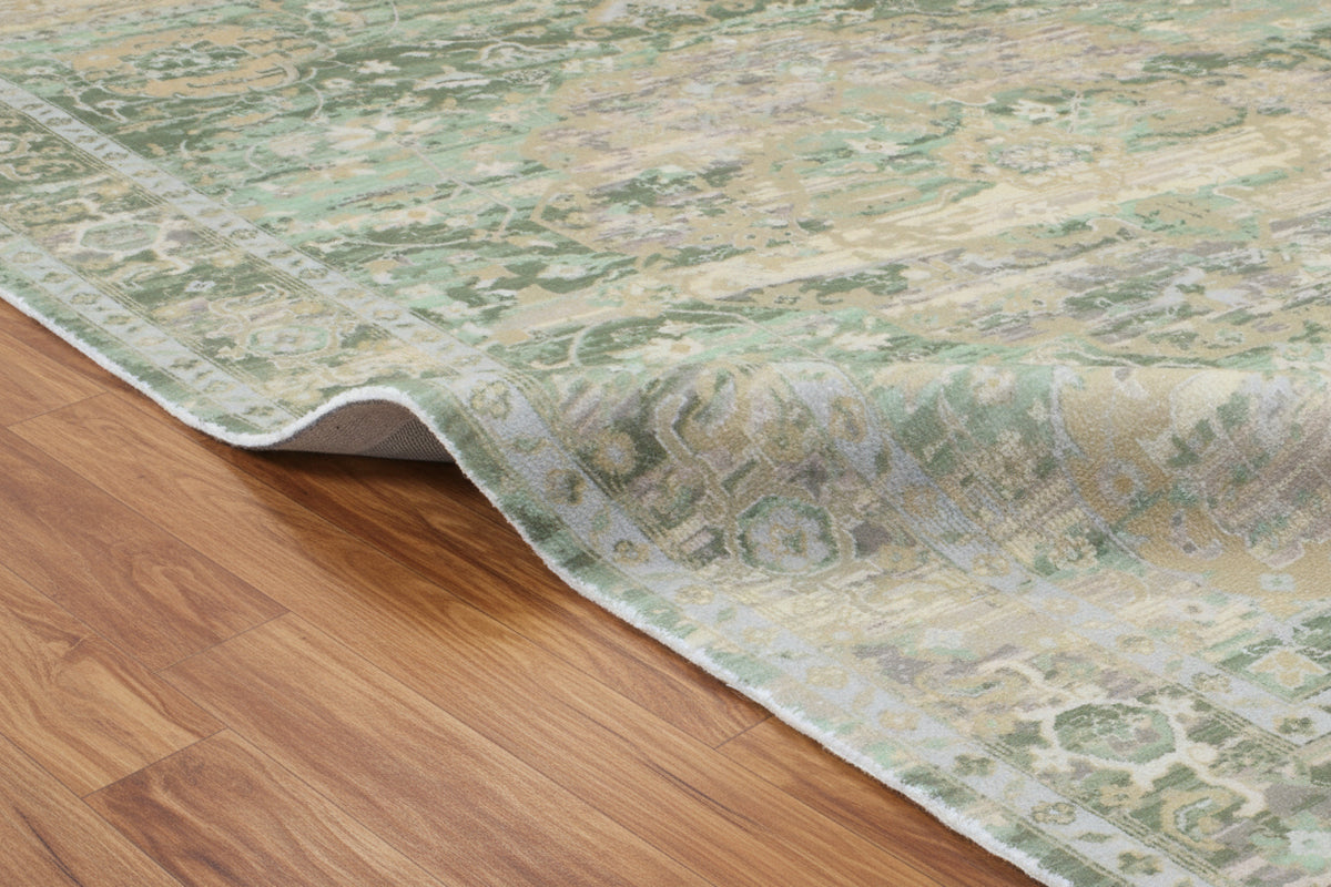 Fenna Handmade Medallion Sage Green Area Rug – Vintage Distressed Traditional Overdyed Style   9175422501013
