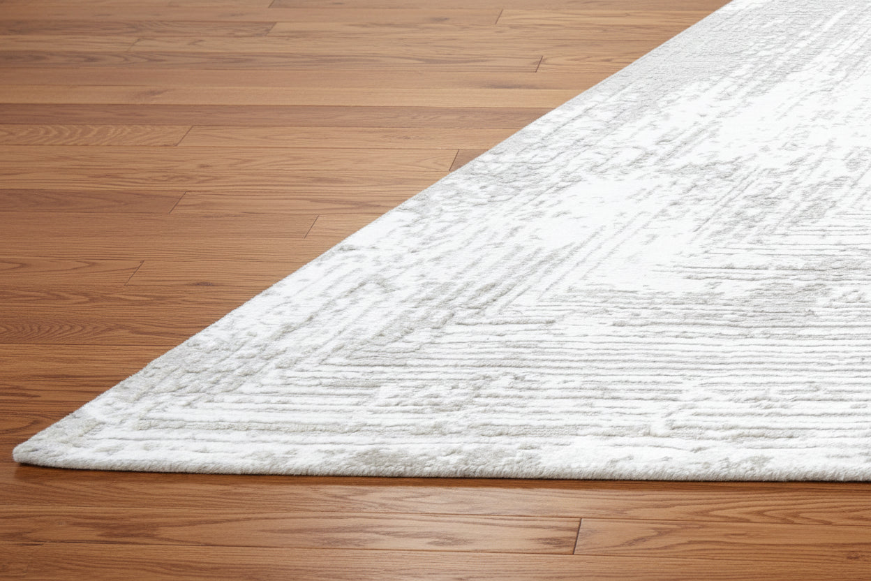 Framify Geometric Handmade Linear Rug – Beige Hand Loom Knotted Layered Border Rug   9176297308309