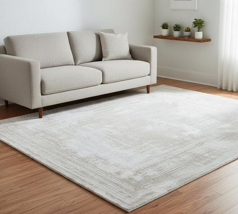 Framify Geometric Handmade Linear Rug – Beige Hand Loom Knotted Layered Border Rug   9176297308309