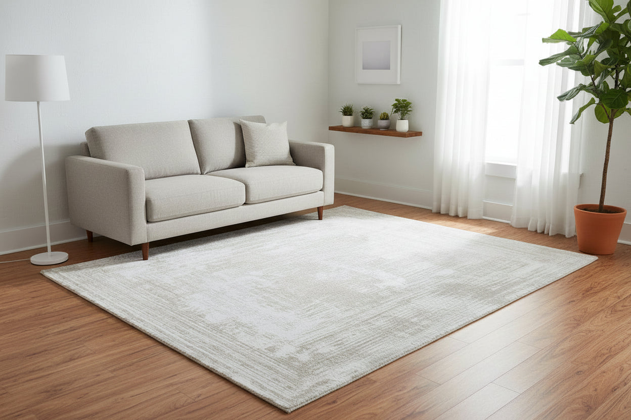 Framify Geometric Handmade Linear Rug – Beige Hand Loom Knotted Layered Border Rug   9176297308309