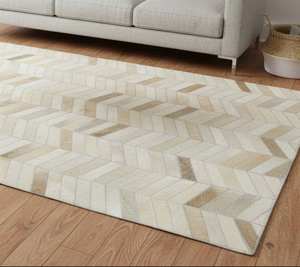 French Chevron Handmade Beige Leather Area Rug | Modern Patchwork Cowhide Rug   9060937466005