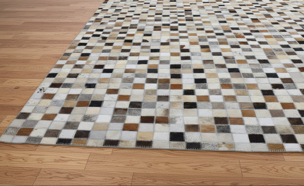 Giselle Handmade Leather Brown Checkerboard Rug | Modern Patchwork Cowhide Area Rug   9060499751061