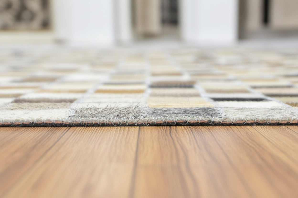 Giselle Handmade Leather Brown Checkerboard Rug | Modern Patchwork Cowhide Area Rug   9060499751061