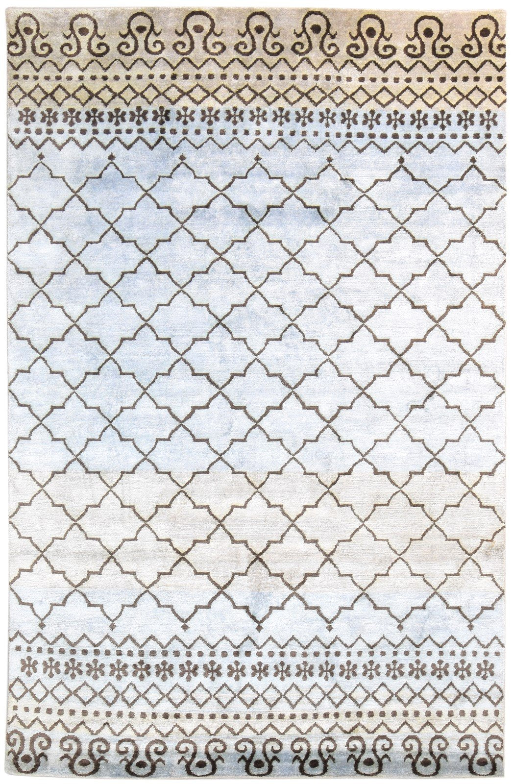 Gloria Hand Knotted Blue Silk Rug 6' X 9' Modern Moroccan Scroll Tile   7865094668437