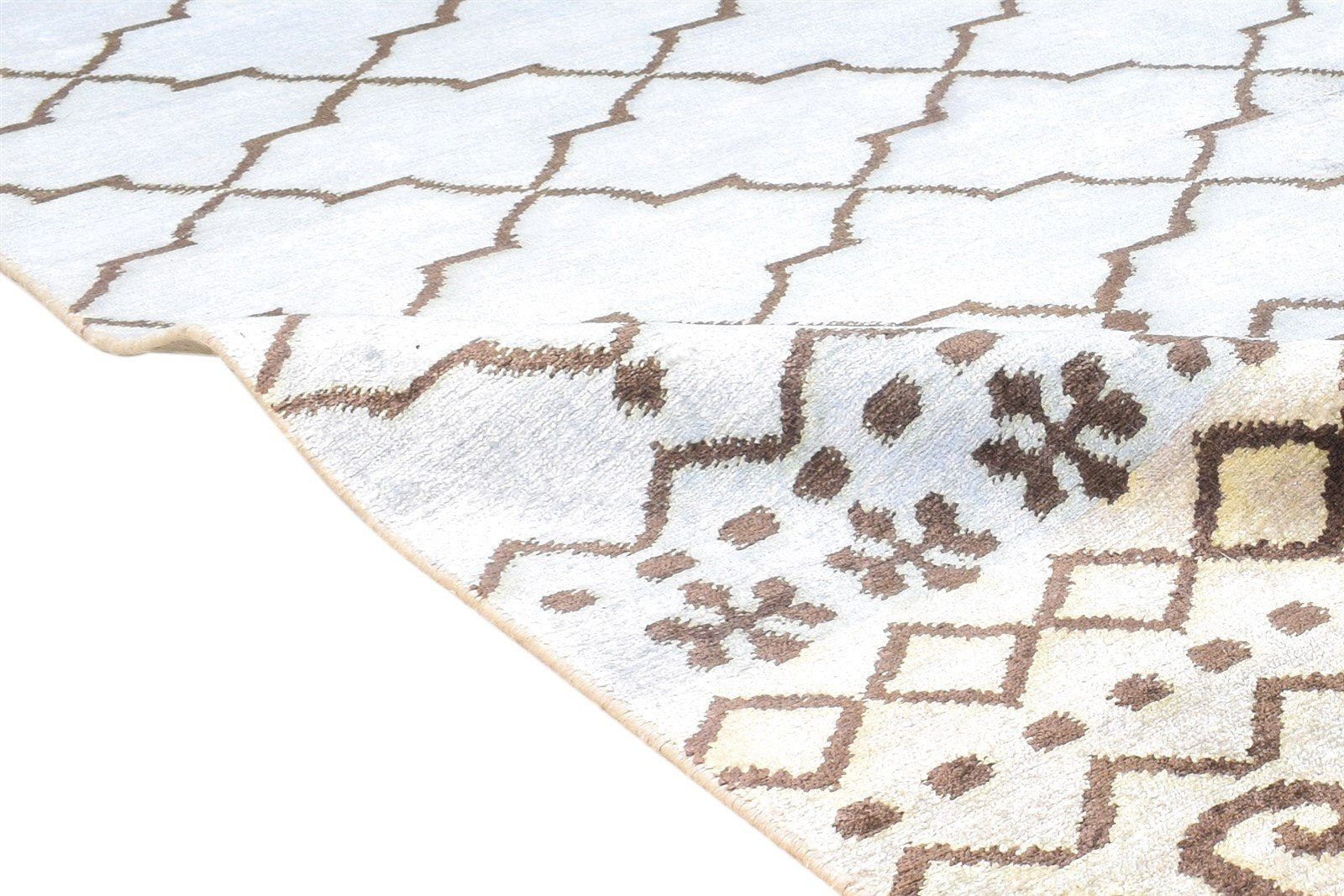 Gloria Hand Knotted Blue Silk Rug 6' X 9' Modern Moroccan Scroll Tile   7865094668437