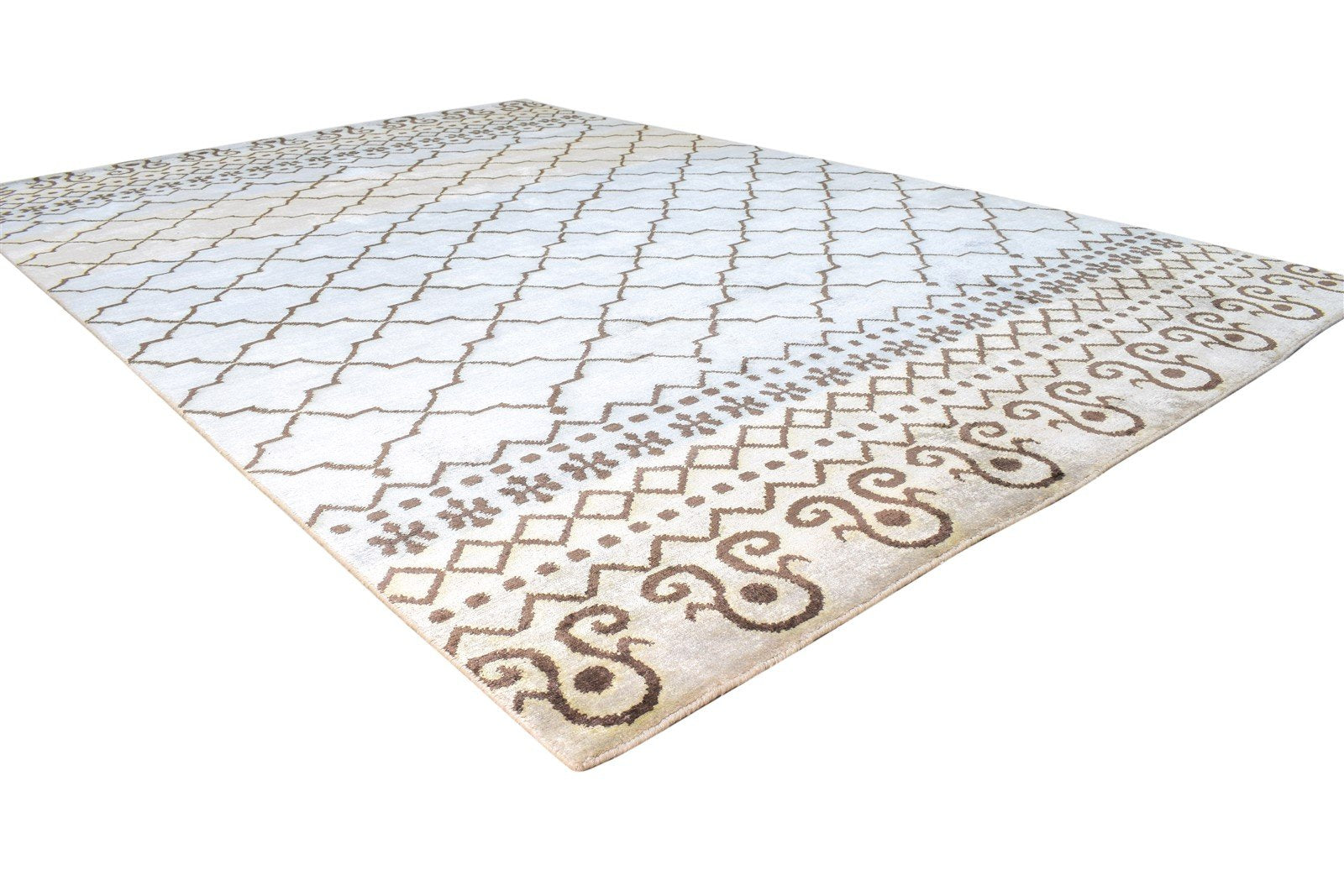 Gloria Hand Knotted Blue Silk Rug 6' X 9' Modern Moroccan Scroll Tile   7865094668437