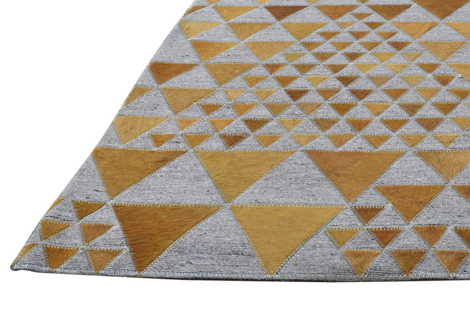 Gold Leather / Cotton Rug 3X9 Modern Hand Woven Scandinavian Triangles Small   7864511398037