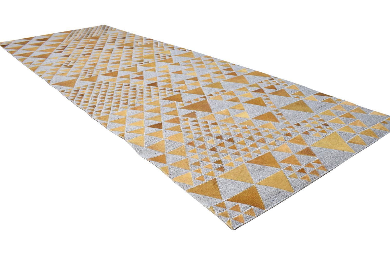 Gold Leather / Cotton Rug 3X9 Modern Hand Woven Scandinavian Triangles Small   7864511398037
