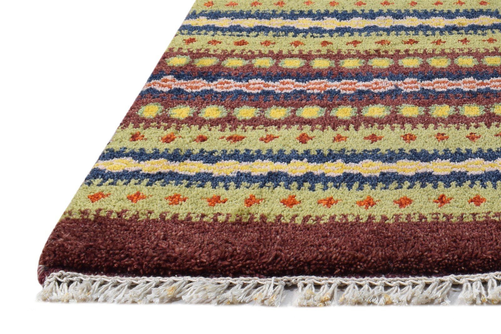 Green Wool Rug 1' X 2' Tribal Hand Knotted Southwestern Striped Small Carpet   7865182781589