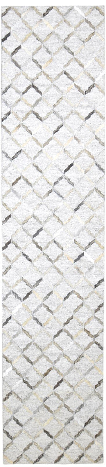 Grey Leather / Cotton Rug 2'6"x12 Modern Hand Woven Scandinavian Geometric Small   7864106090645