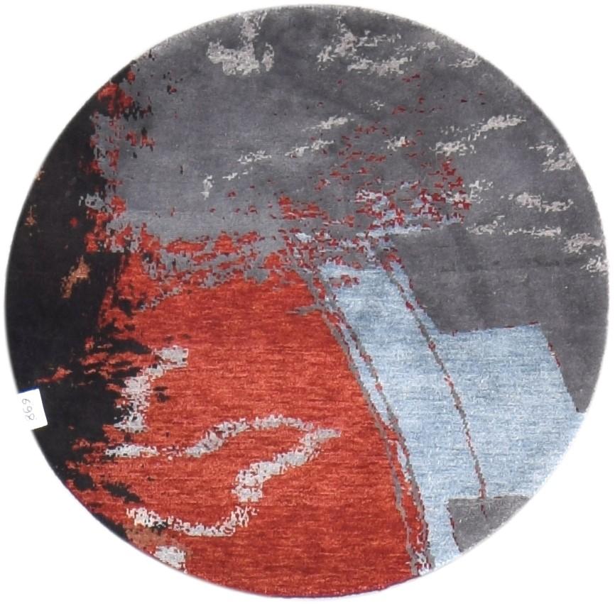 Grey Wool / Silk Rug 3' X 3' Modern Hand Knotted Indian Abstract Small Round   7864587223189