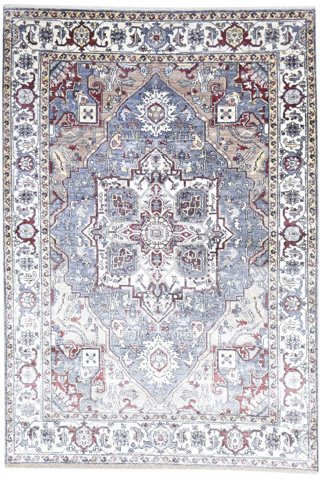 Hand Knotted Beige Wool / Silk Rug 6X9 Persian Heriz-Indian Oriental Room Size   7864999510165