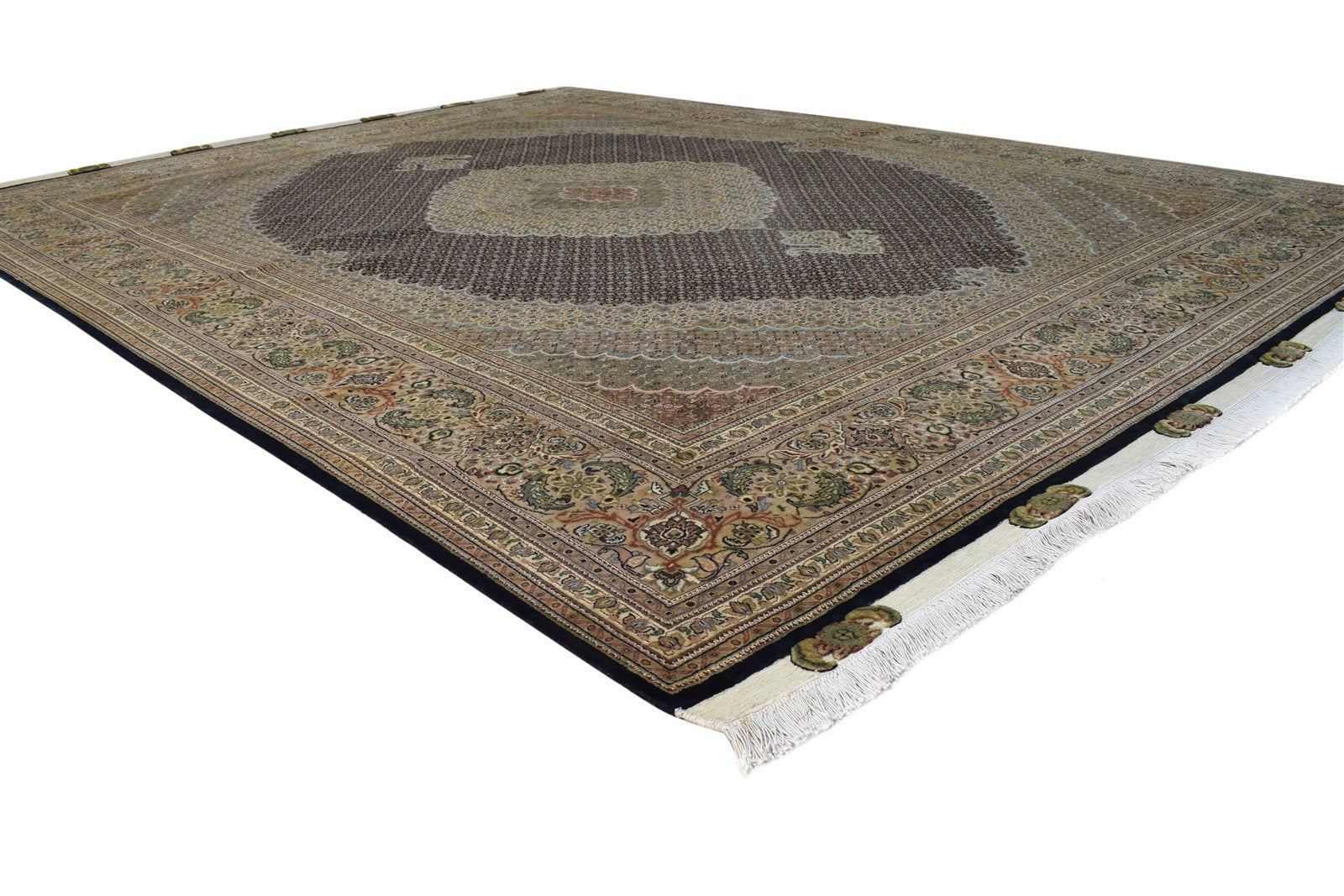 Hand Knotted Black Wool Rug 8' X 7' Persian Tabriz Medallion Large Carpet   7864650629269