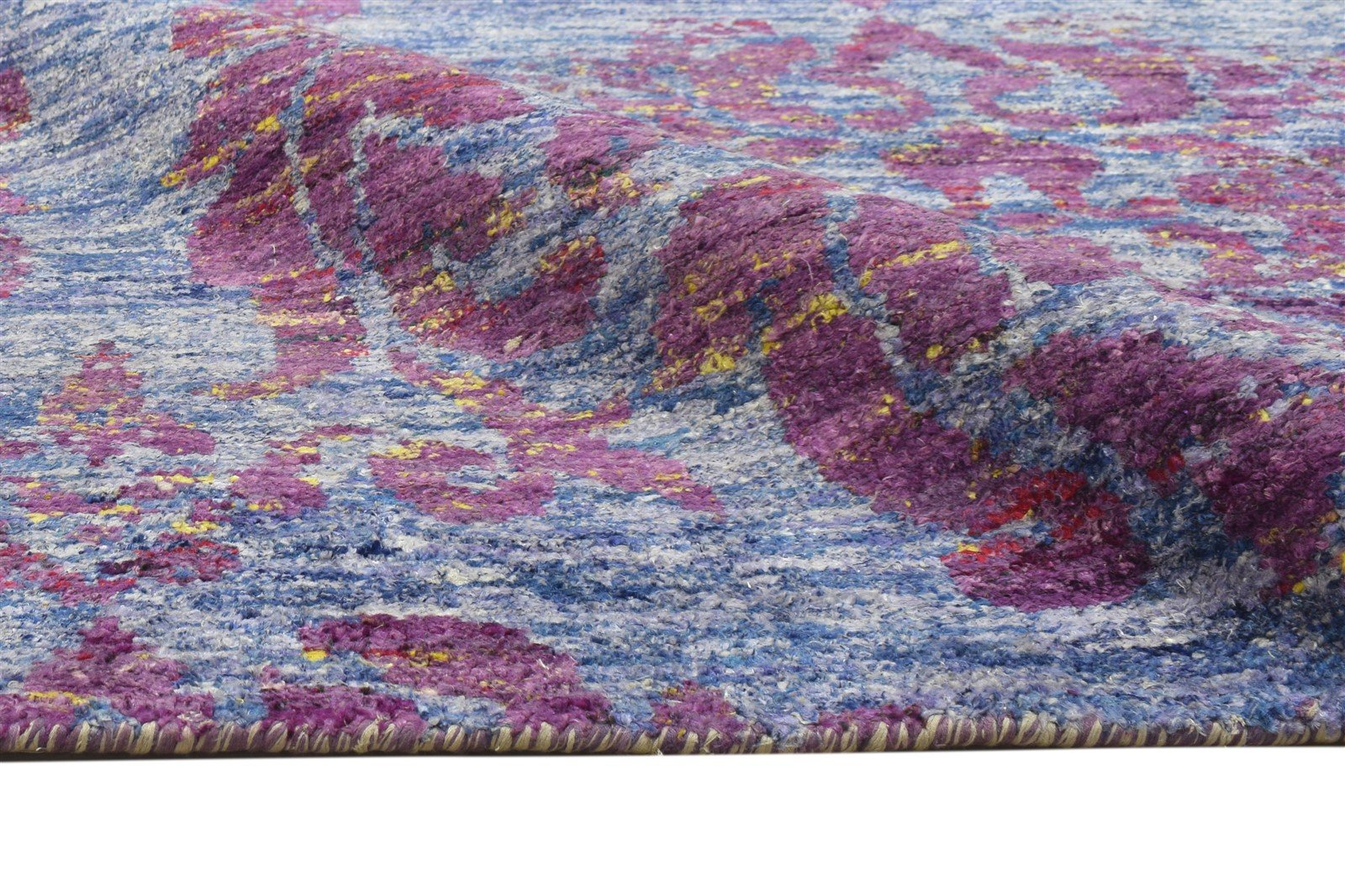 Karmen Hand Knotted Blue Silk Rug 5' X 8' Modern Bohemian Damask   7864098062485