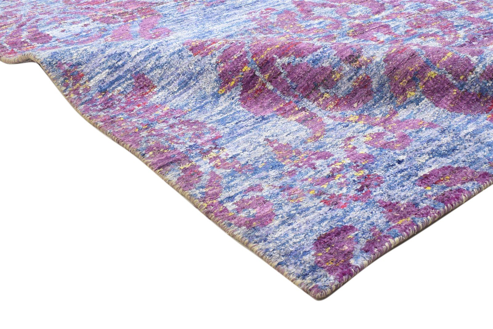 Karmen Hand Knotted Blue Silk Rug 5' X 8' Modern Bohemian Damask   7864098062485
