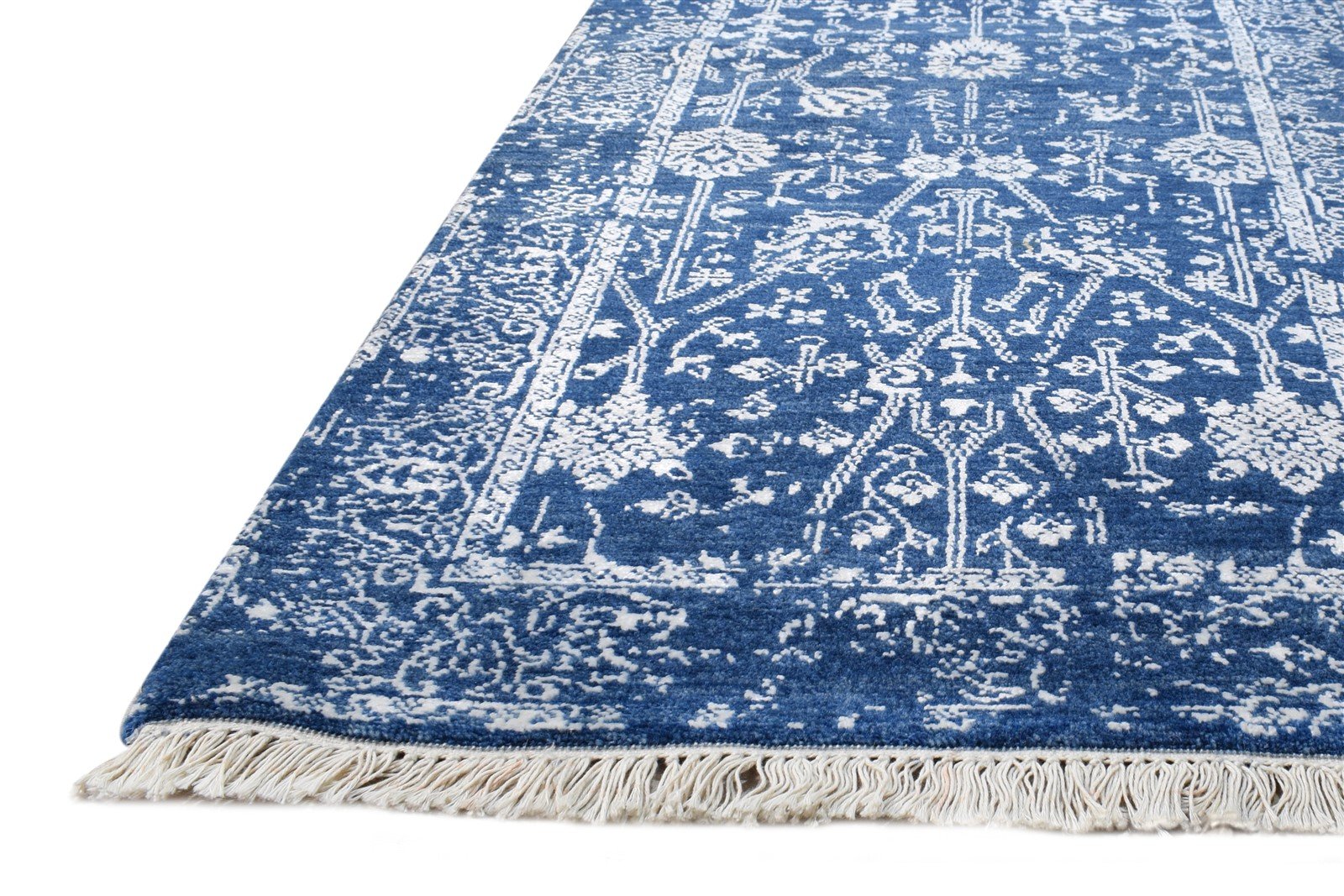 Hand Knotted Blue Wool / Silk Rug 2' X 6' Modern Oushak Abstract Small Runner   7865148833941