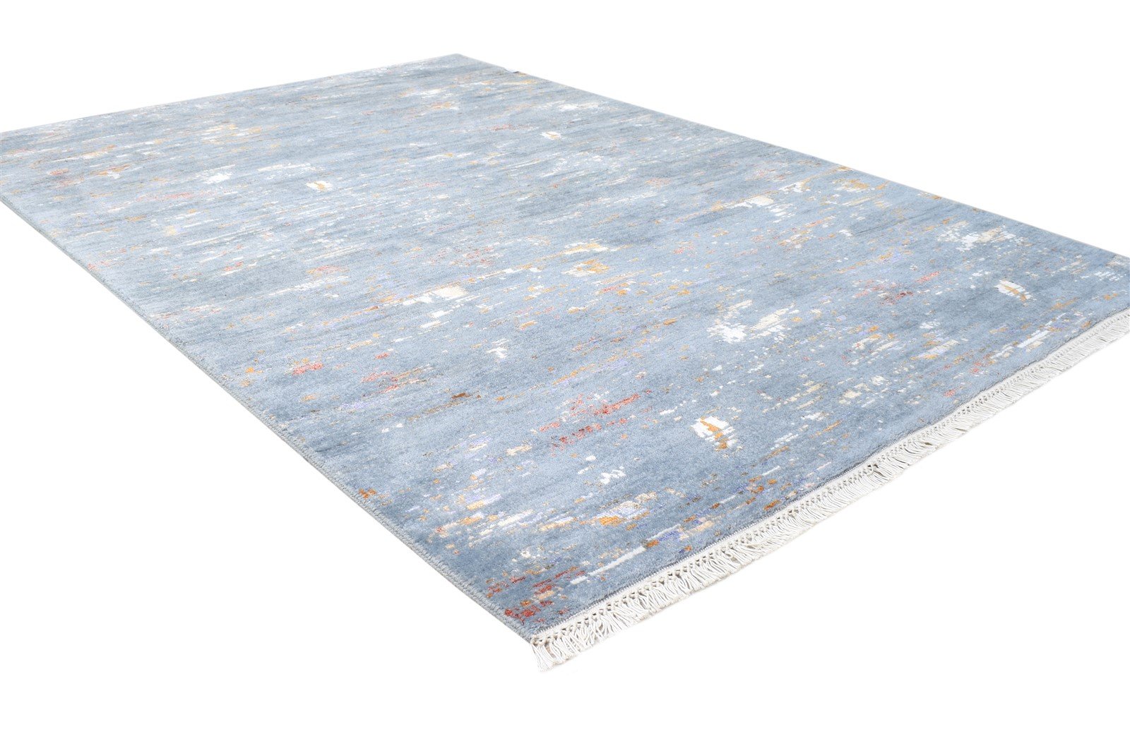 Hand Knotted Blue Wool / Silk Rug 4X6 Modern Indian Abstract Room Size Carpet   7864588140693