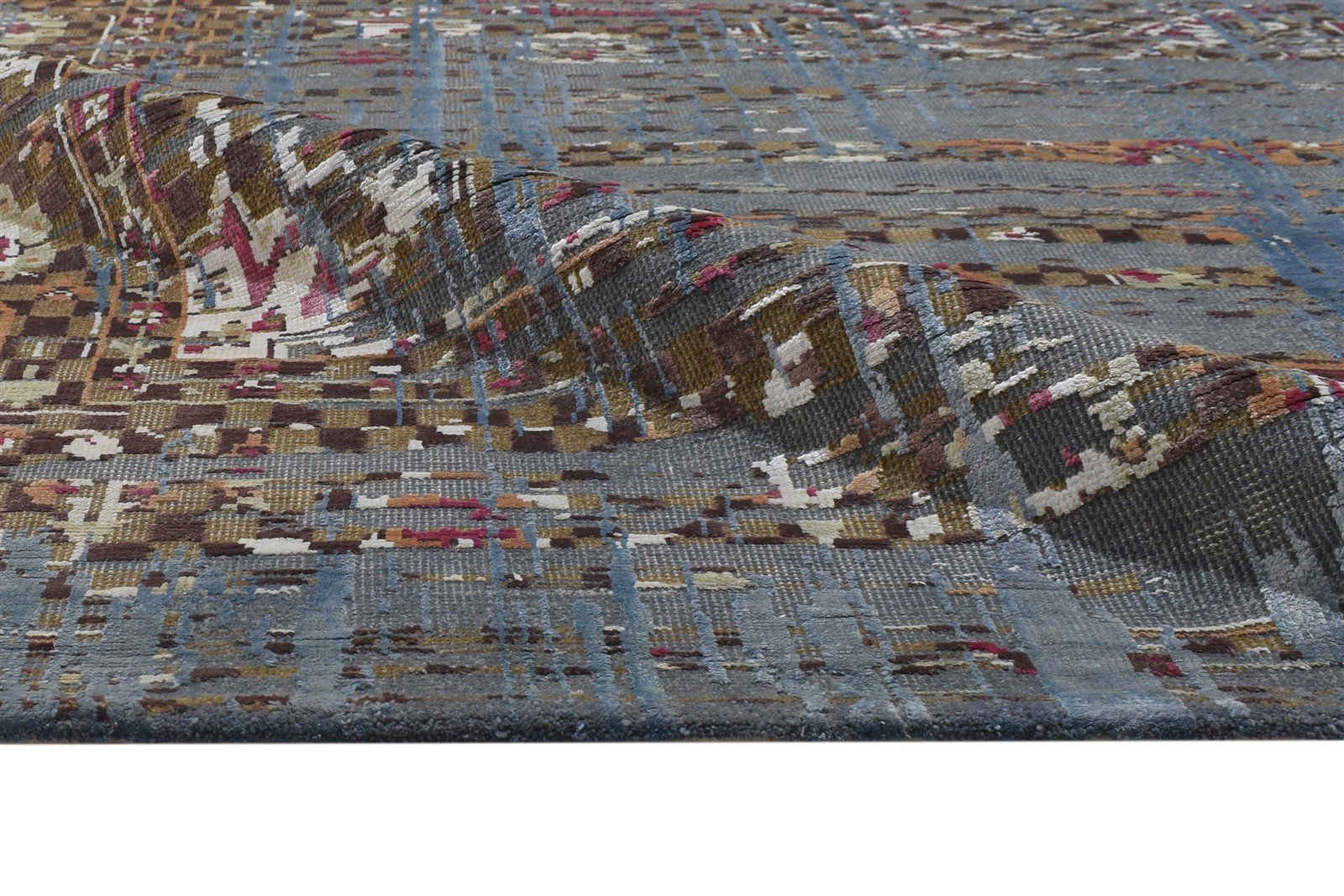Hand Knotted Blue Wool / Silk Rug 7' X 10' Modern Indian Abstract Large Carpet   7864403656853
