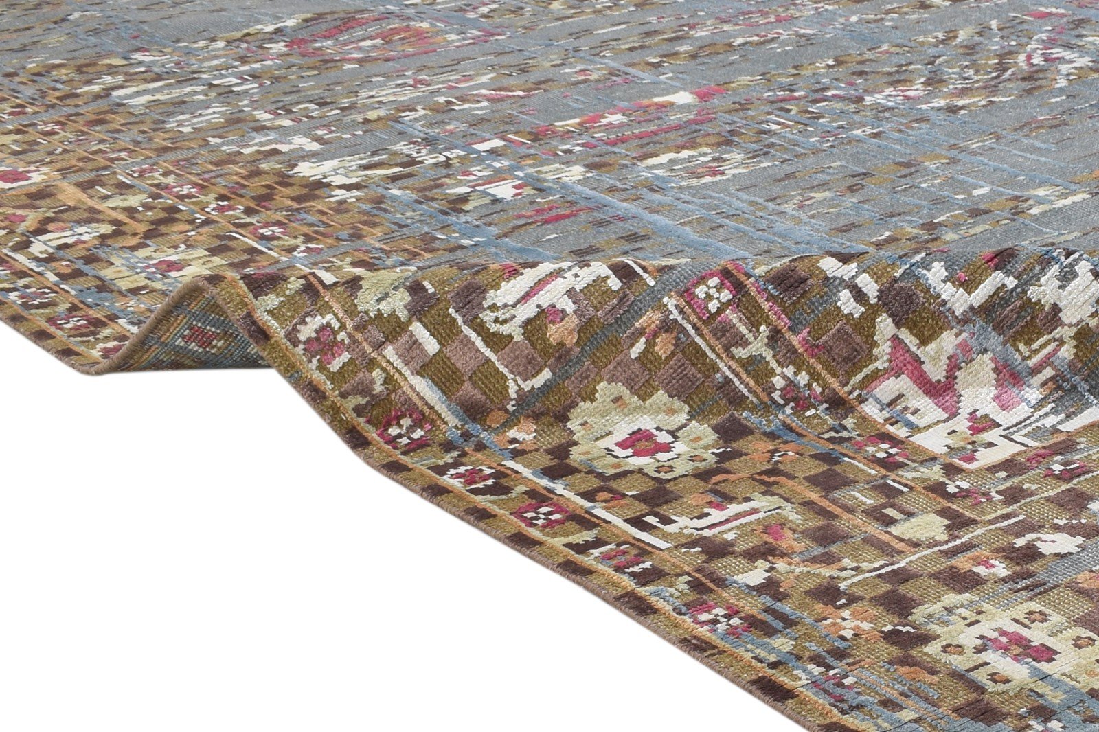 Hand Knotted Blue Wool / Silk Rug 7' X 10' Modern Indian Abstract Large Carpet   7864403656853