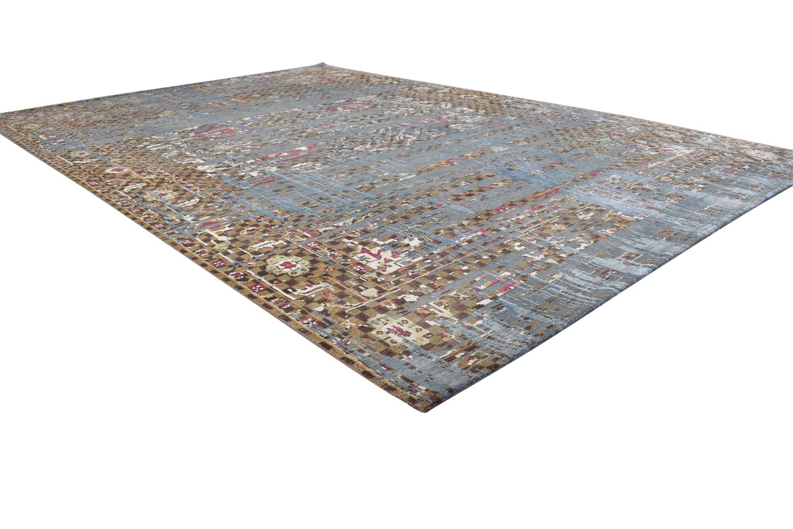 Hand Knotted Blue Wool / Silk Rug 7' X 10' Modern Indian Abstract Large Carpet   7864403656853