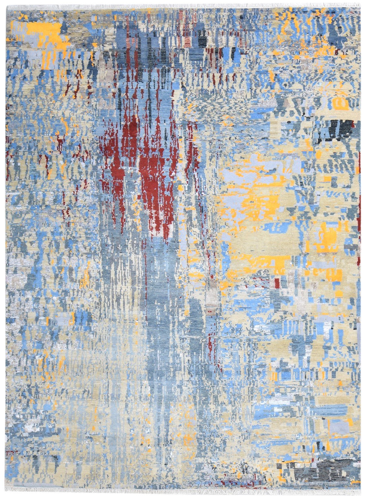 Hand Knotted Blue Wool / Silk Rug 8' X 11' Modern Indian Abstract Large Carpet   7864586862741