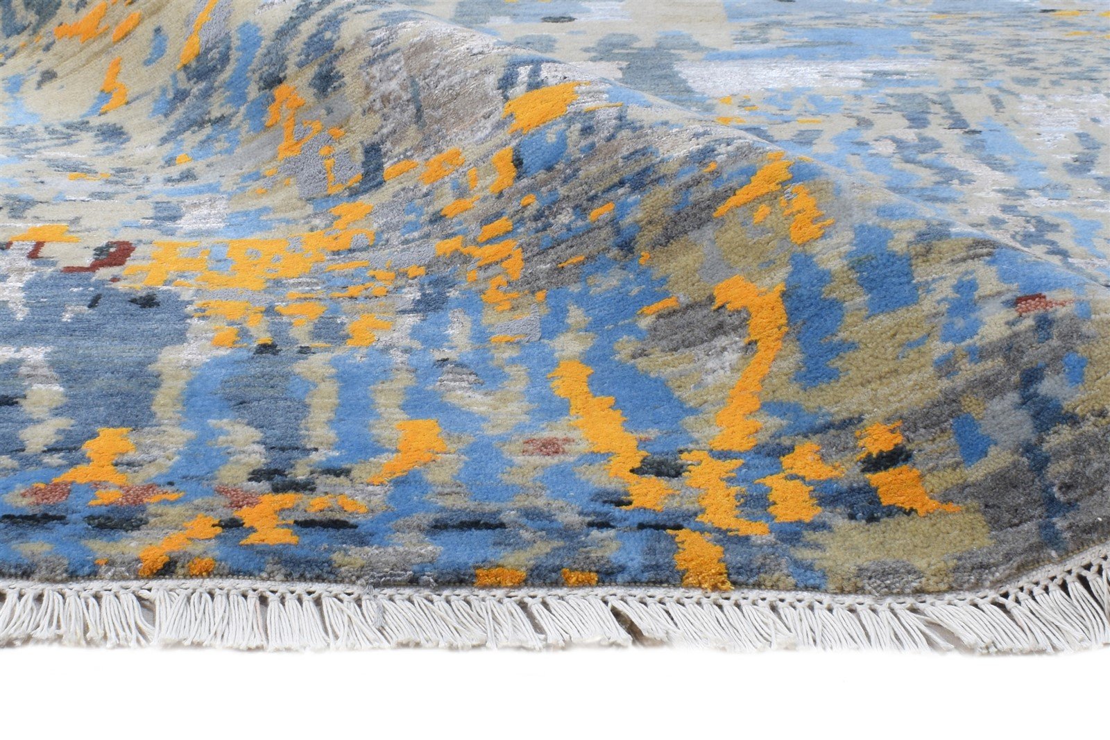 Hand Knotted Blue Wool / Silk Rug 8' X 11' Modern Indian Abstract Large Carpet   7864586862741