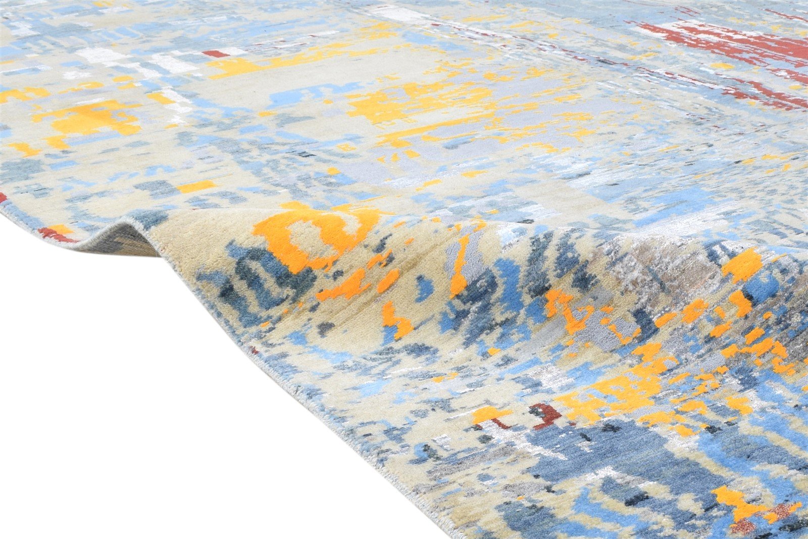 Hand Knotted Blue Wool / Silk Rug 8' X 11' Modern Indian Abstract Large Carpet   7864586862741