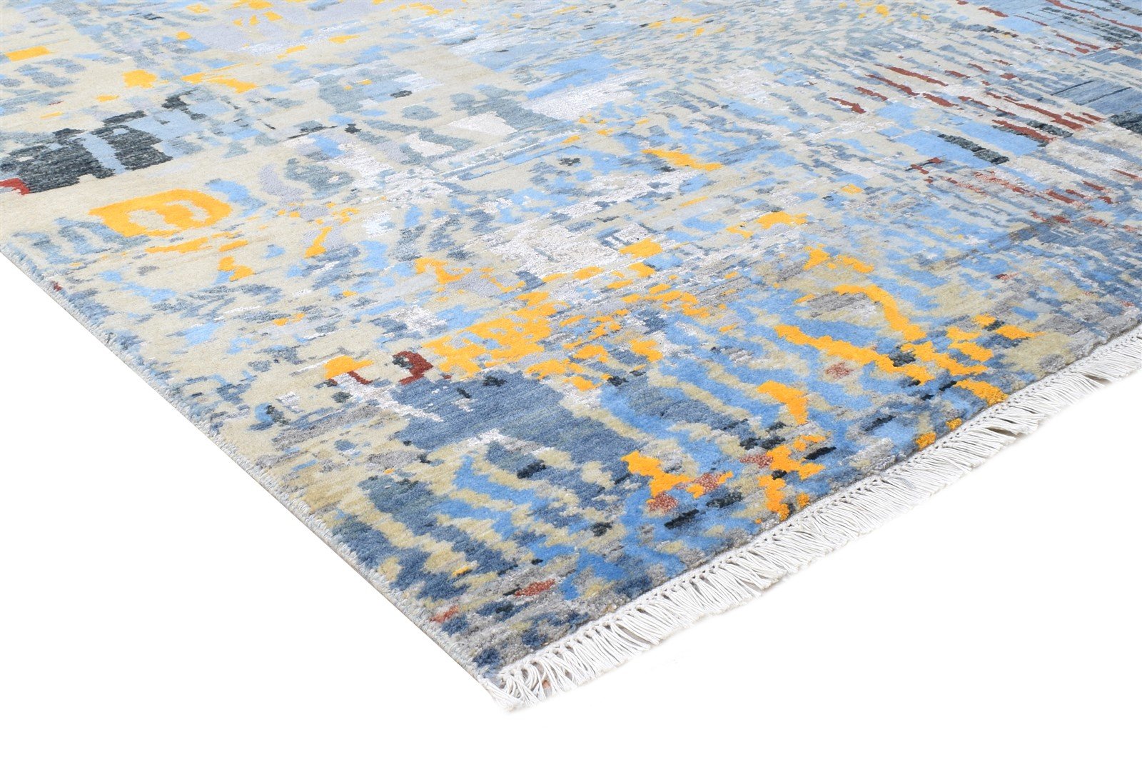 Hand Knotted Blue Wool / Silk Rug 8' X 11' Modern Indian Abstract Large Carpet   7864586862741