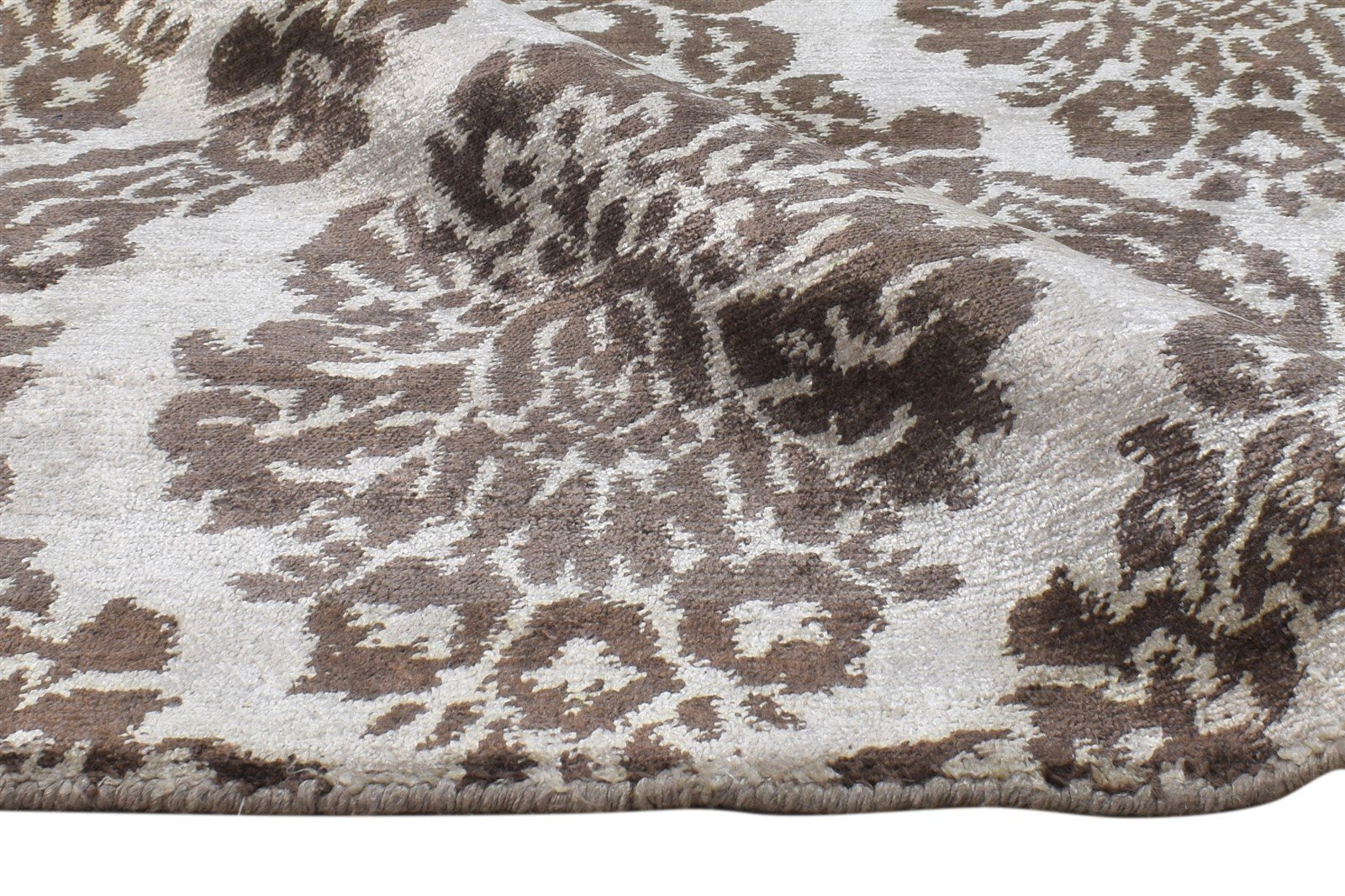Hand Knotted Brown Silk Rug 6' X 9' Modern European Damask Room Size Carpet   7865069731989