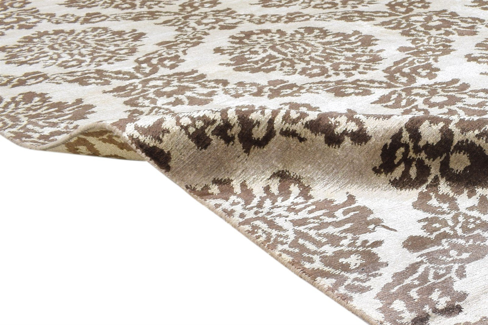 Hand Knotted Brown Silk Rug 6' X 9' Modern European Damask Room Size Carpet   7865069731989