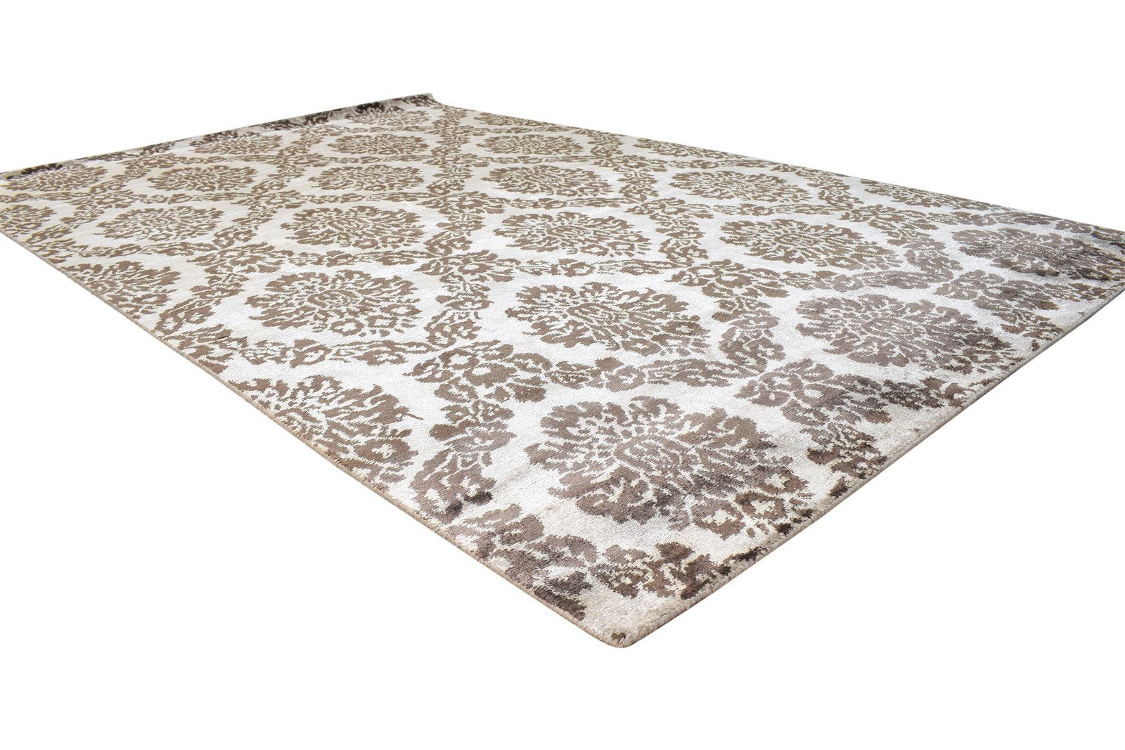 Hand Knotted Brown Silk Rug 6' X 9' Modern European Damask Room Size Carpet   7865069731989