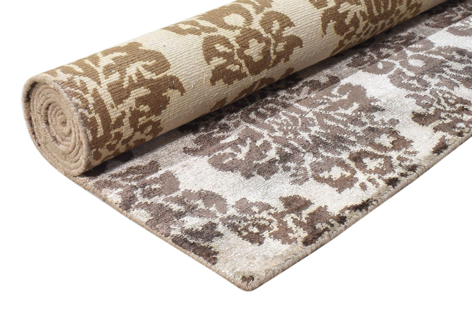 Hand Knotted Brown Silk Rug 6' X 9' Modern European Damask Room Size Carpet   7865069731989